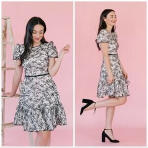 Gal Meets Glam Black & White Floral Sheer Balloon Sleeve Viola Dress Size 10P